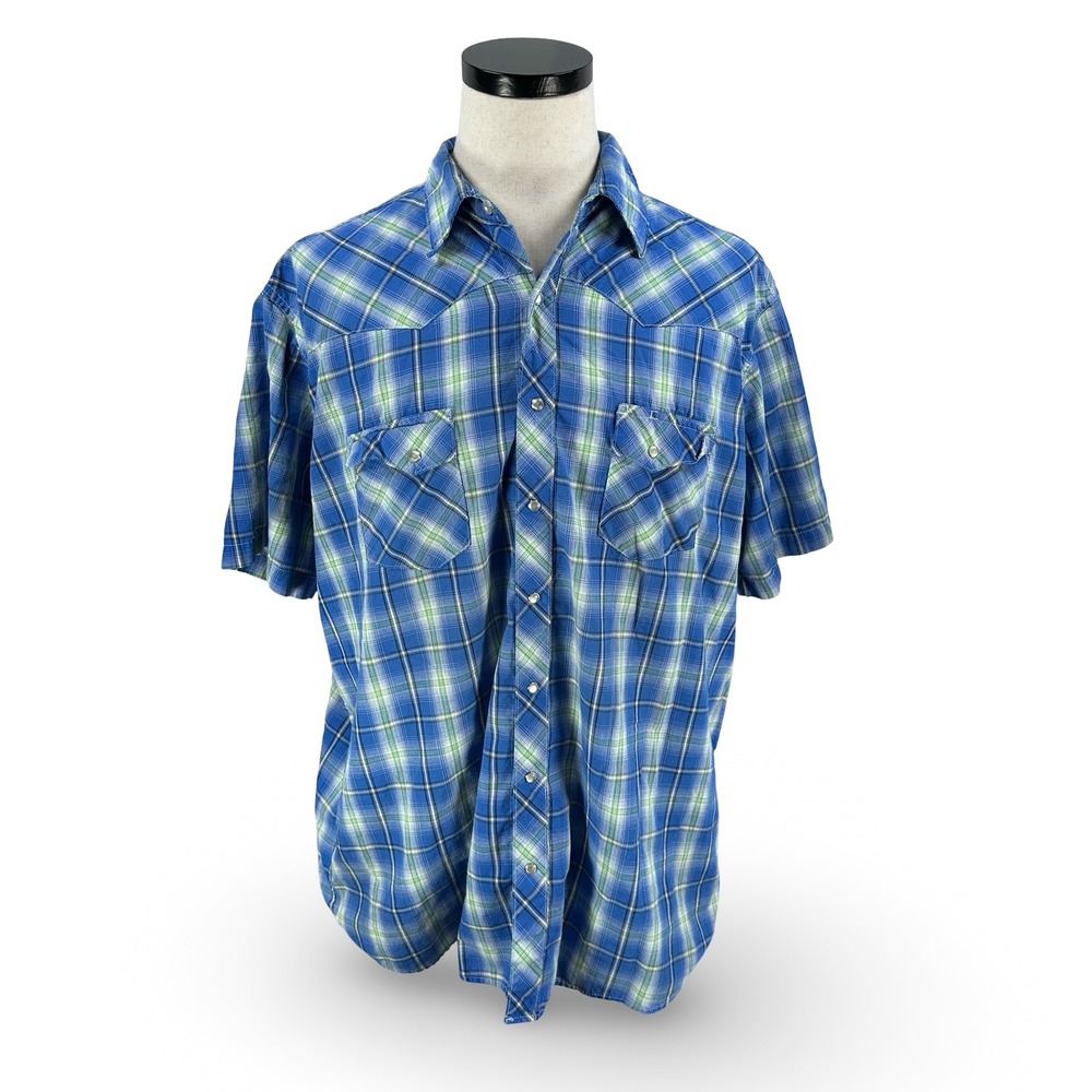Wrangler Wrancher Mens 2XT Blue Plaid Short Sleeve Pearl Snap Western Shirt Tall